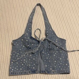 Denim Halter Crop Top with Pearl Embellishments - Blue